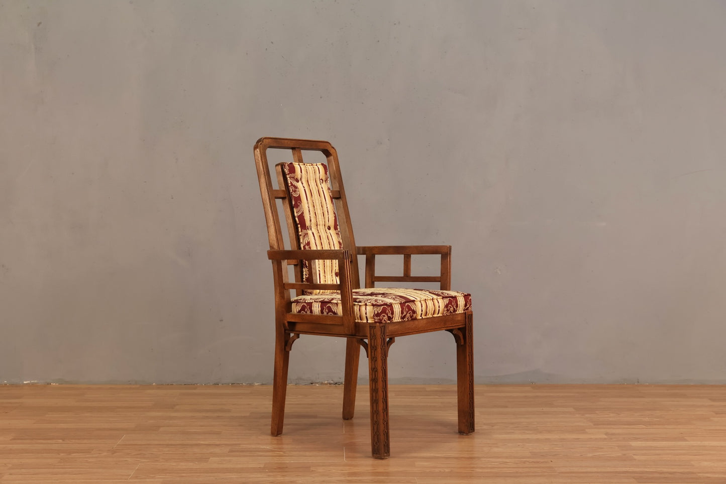 Chinoiserie-Style Walnut & Damask Armchair
