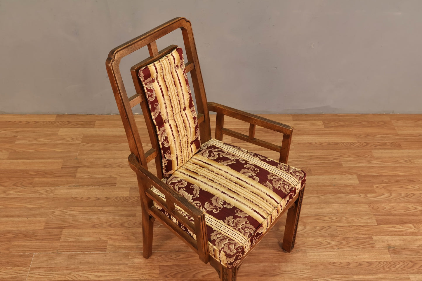 Chinoiserie-Style Walnut & Damask Armchair