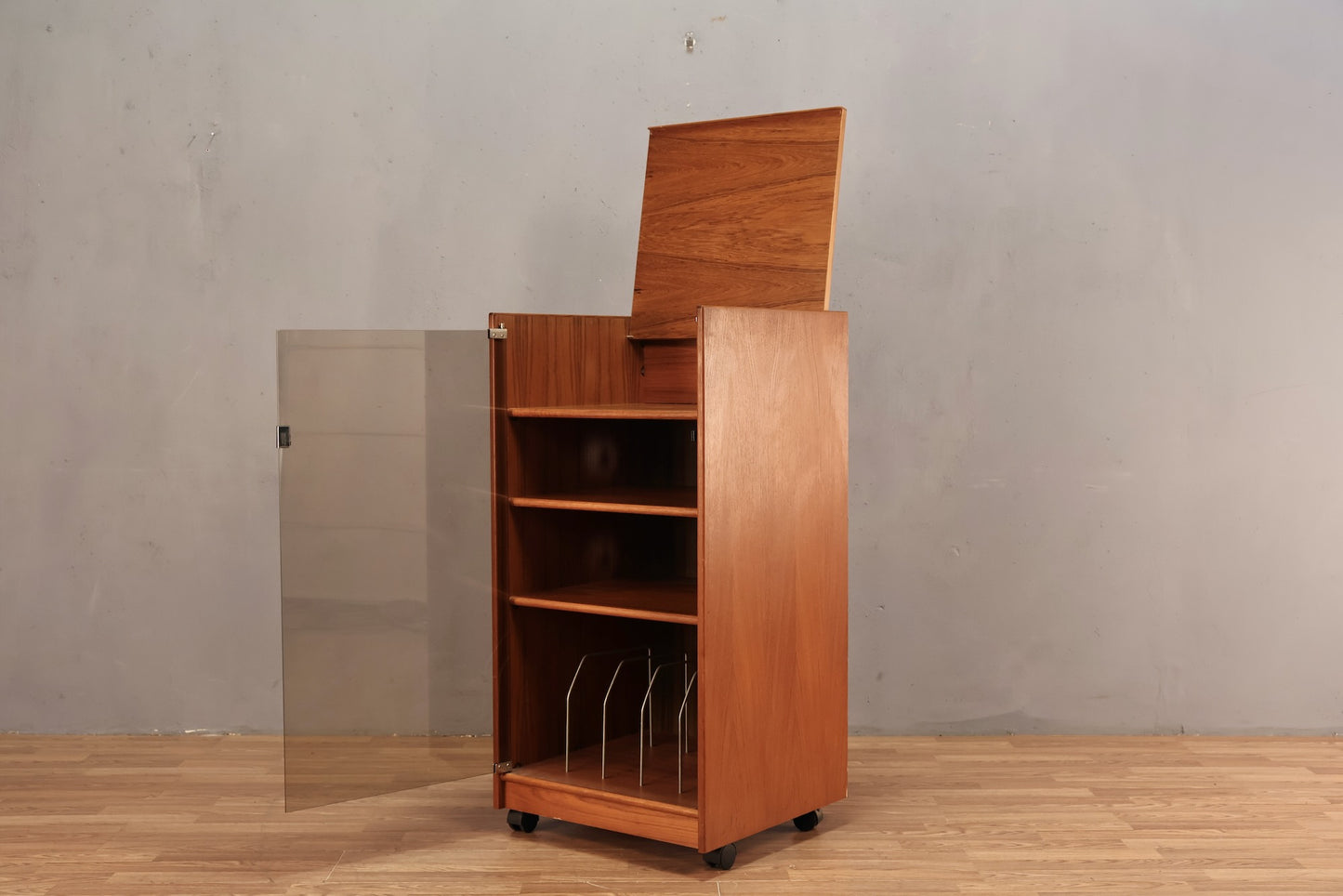 Teak & Smoked Glass Flip-Top Media Cabinet