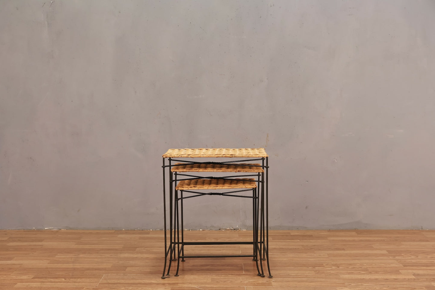 Trio of Wicker & Iron Nesting Side Tables