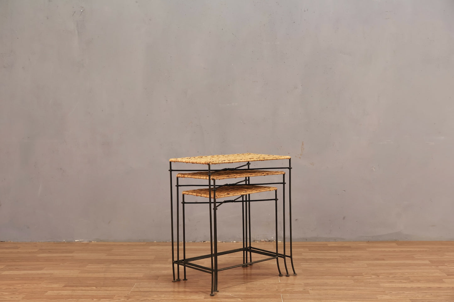 Trio of Wicker & Iron Nesting Side Tables