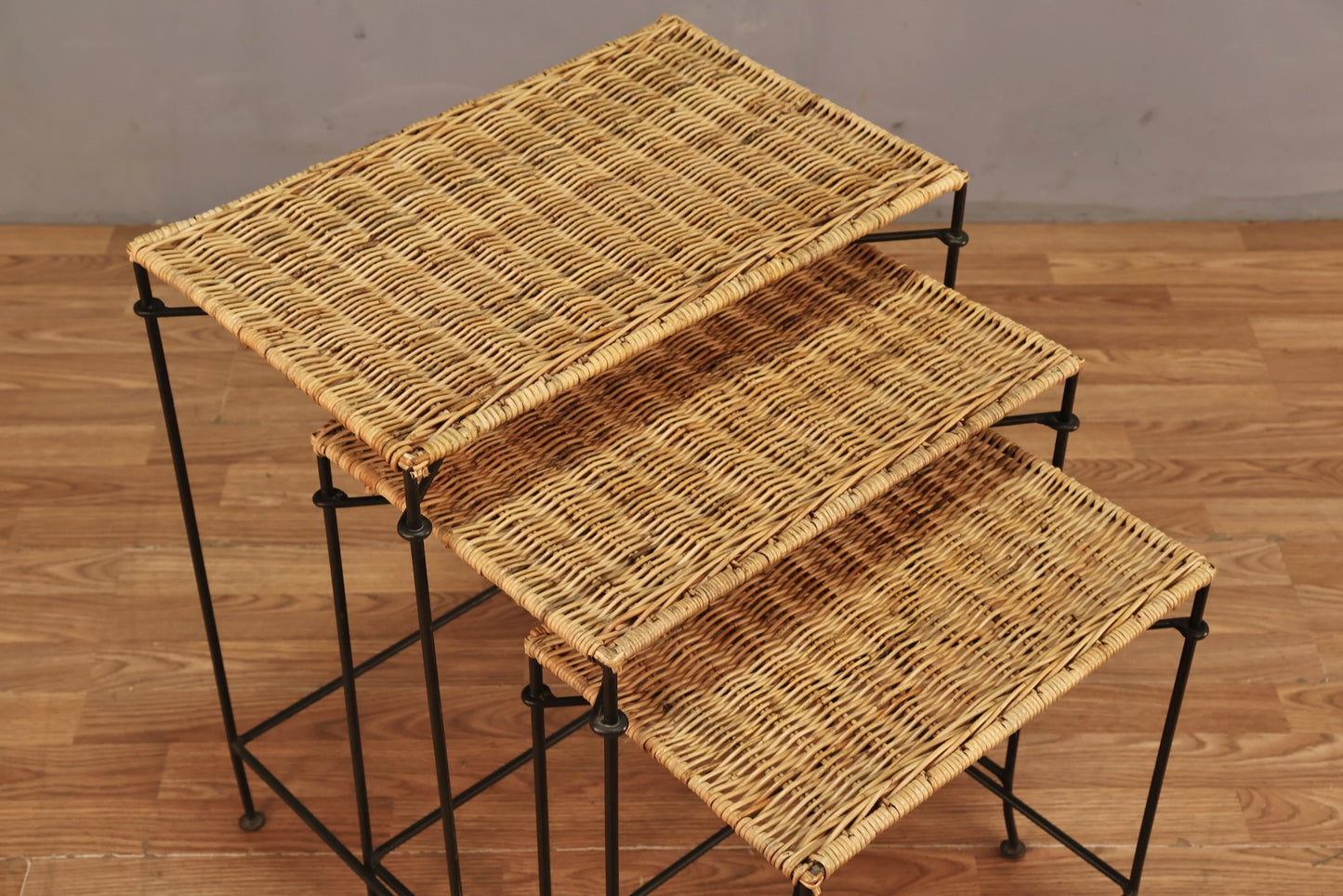 Trio of Wicker & Iron Nesting Side Tables