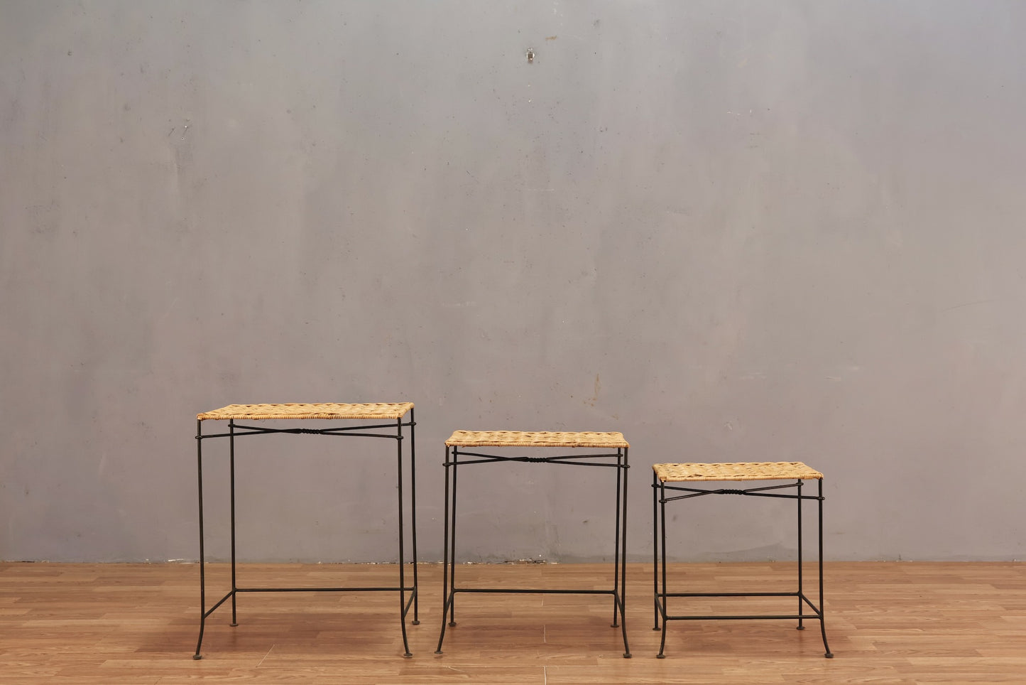 Trio of Wicker & Iron Nesting Side Tables