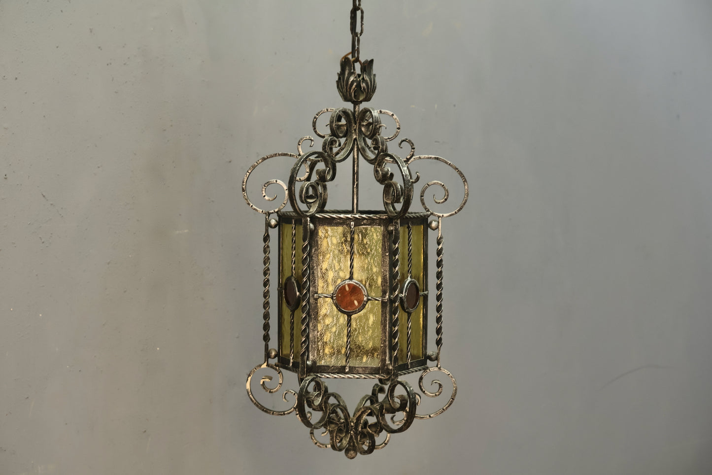 Italian Gothic Iron & Stained Glass Chandelier