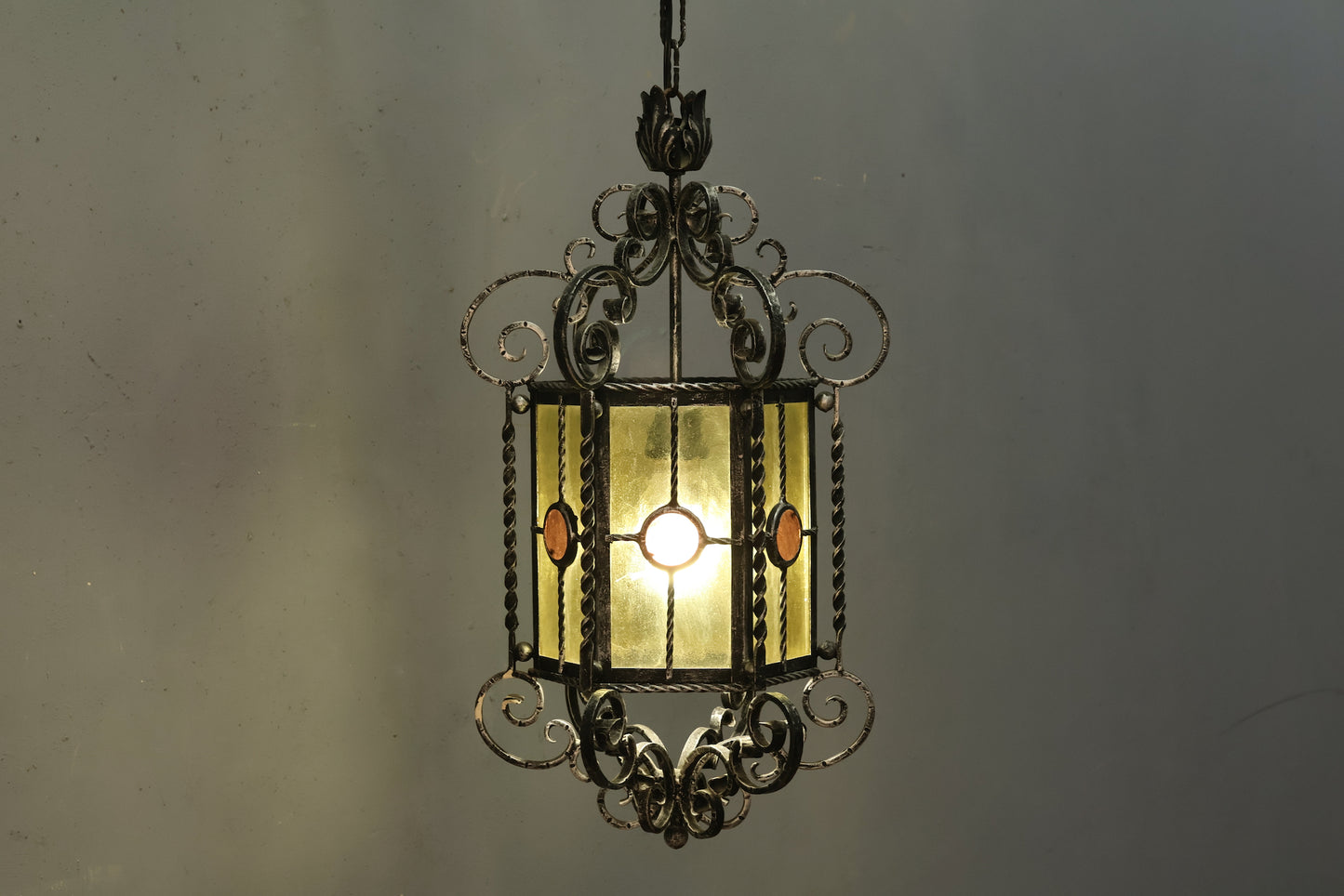 Italian Gothic Iron & Stained Glass Chandelier