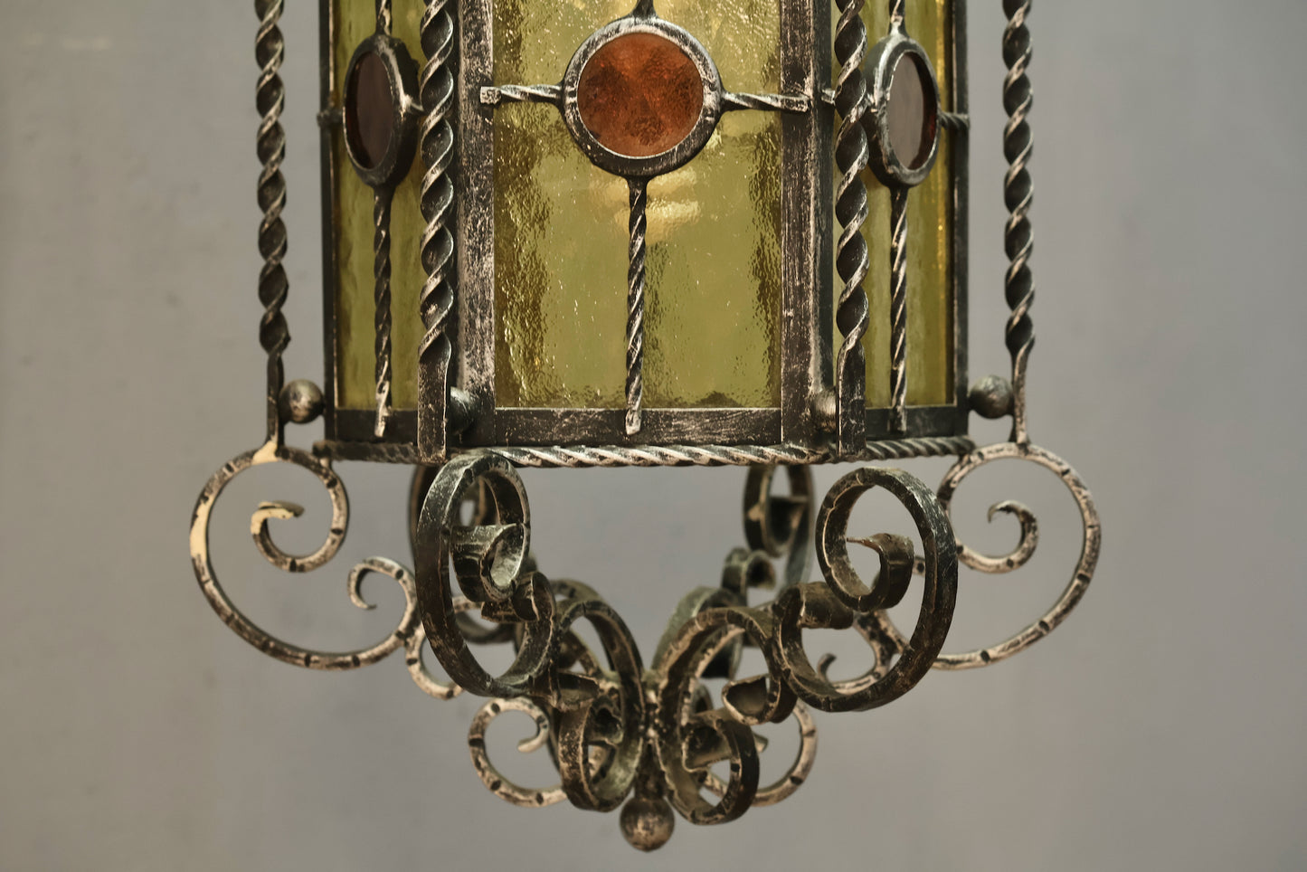 Italian Gothic Iron & Stained Glass Chandelier