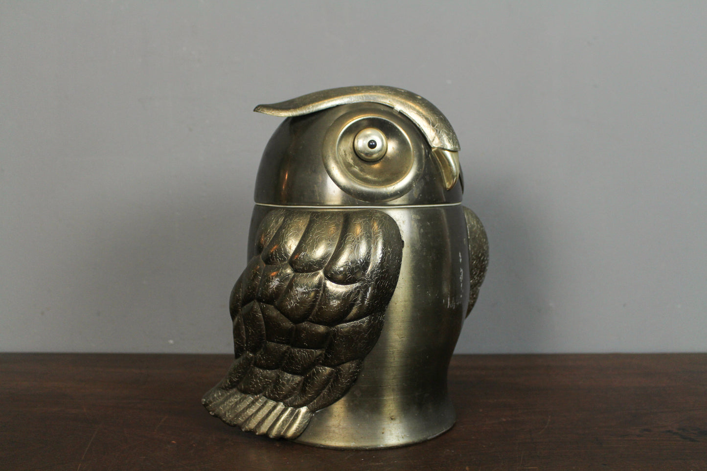 Mid Century Pewter Owl Ice Bucket