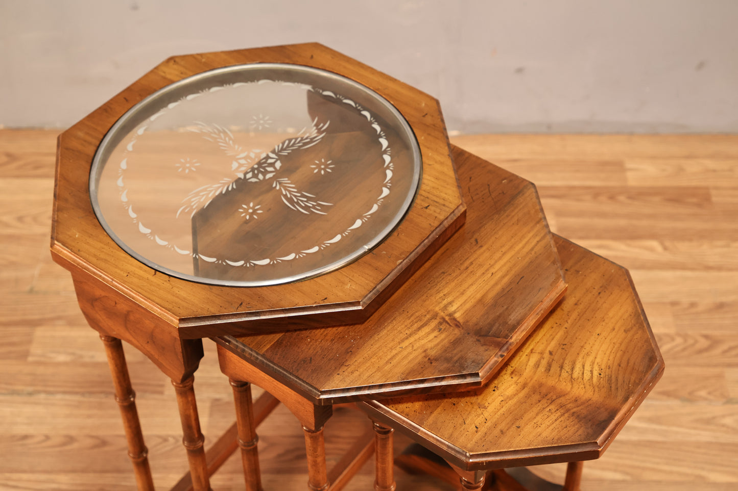 Trio of Octagonal Glass-Top Nesting Tables