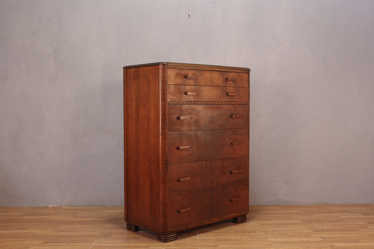 Art Deco Burl 6-Drawer Highboy Dresser