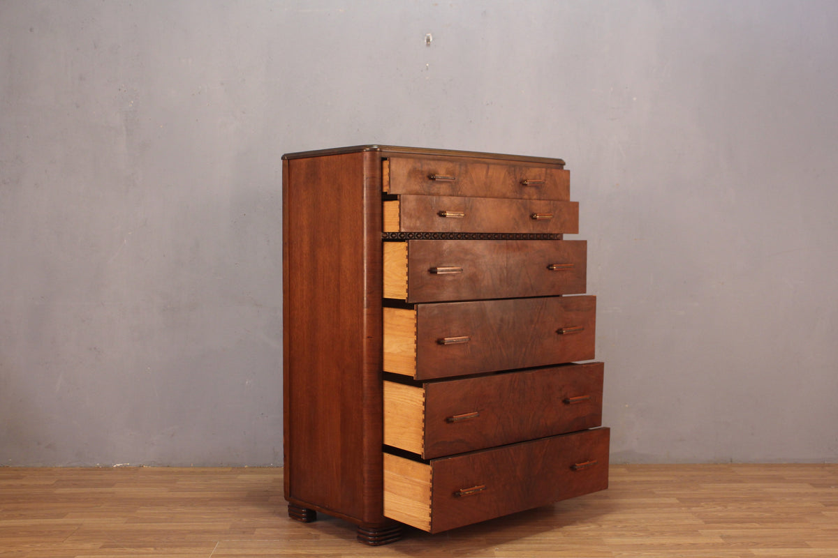 Art Deco Burl 6-Drawer Highboy Dresser