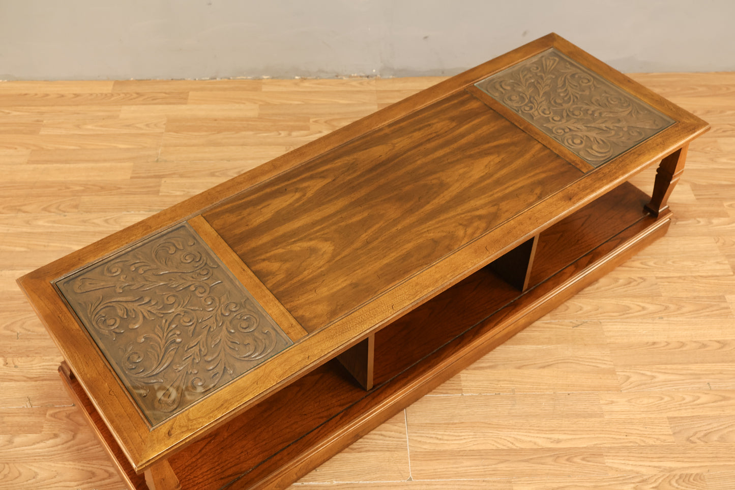 Carved Walnut & Glass 2-Tier Coffee Table - ONLINE ONLY