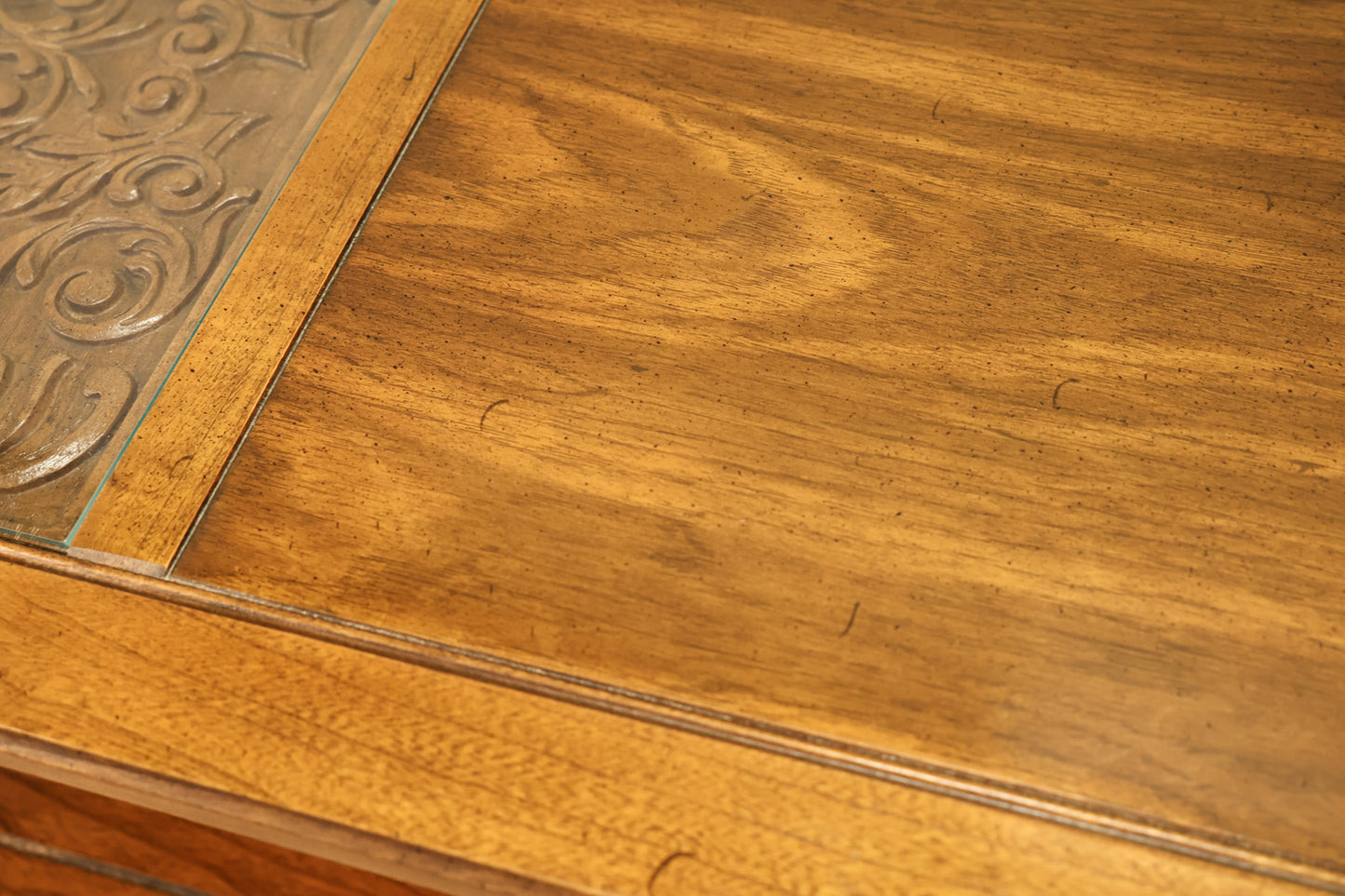 Carved Walnut & Glass 2-Tier Coffee Table - ONLINE ONLY