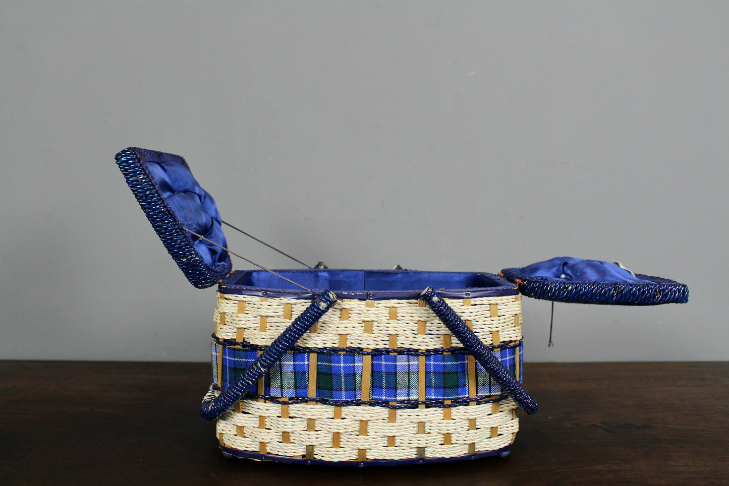 Singer Blue Tartan & Woven Sewing Basket