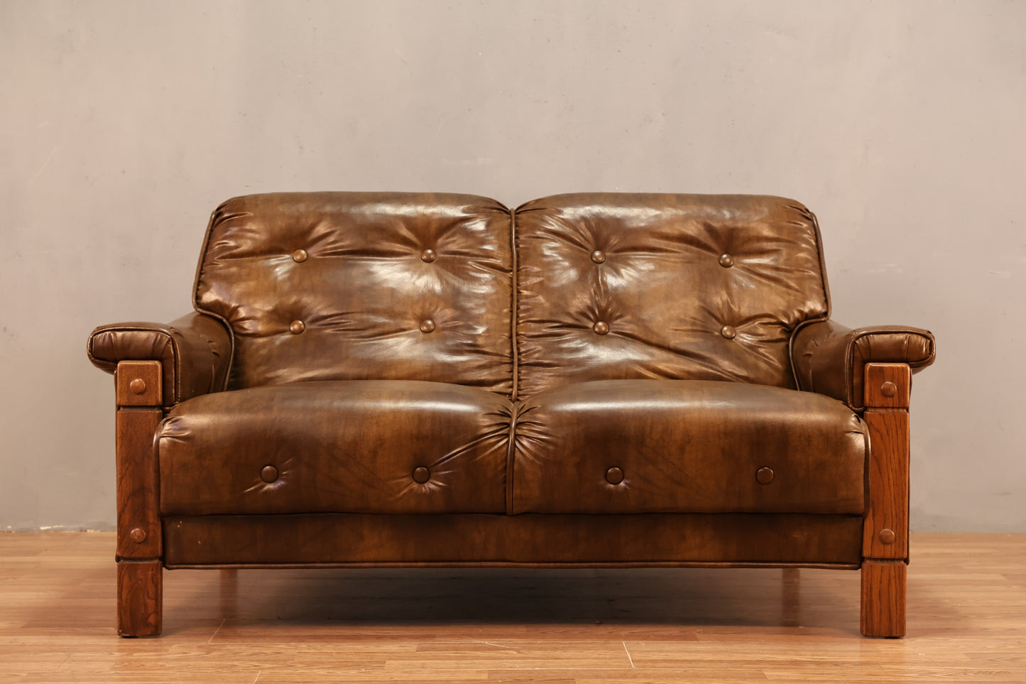Oak & Brown Vinyl Loveseat - ONLINE ONLY