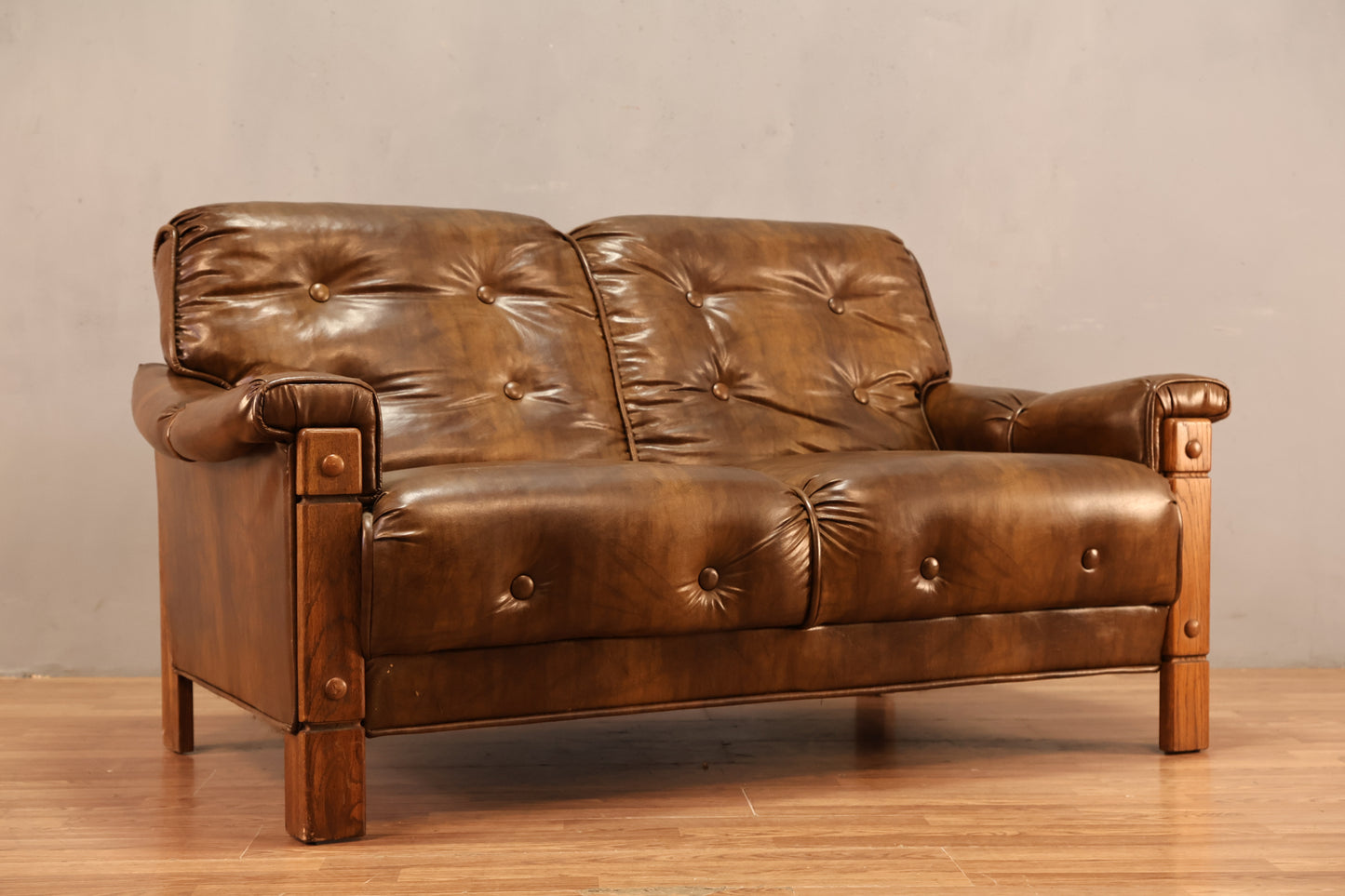 Oak & Brown Vinyl Loveseat - ONLINE ONLY