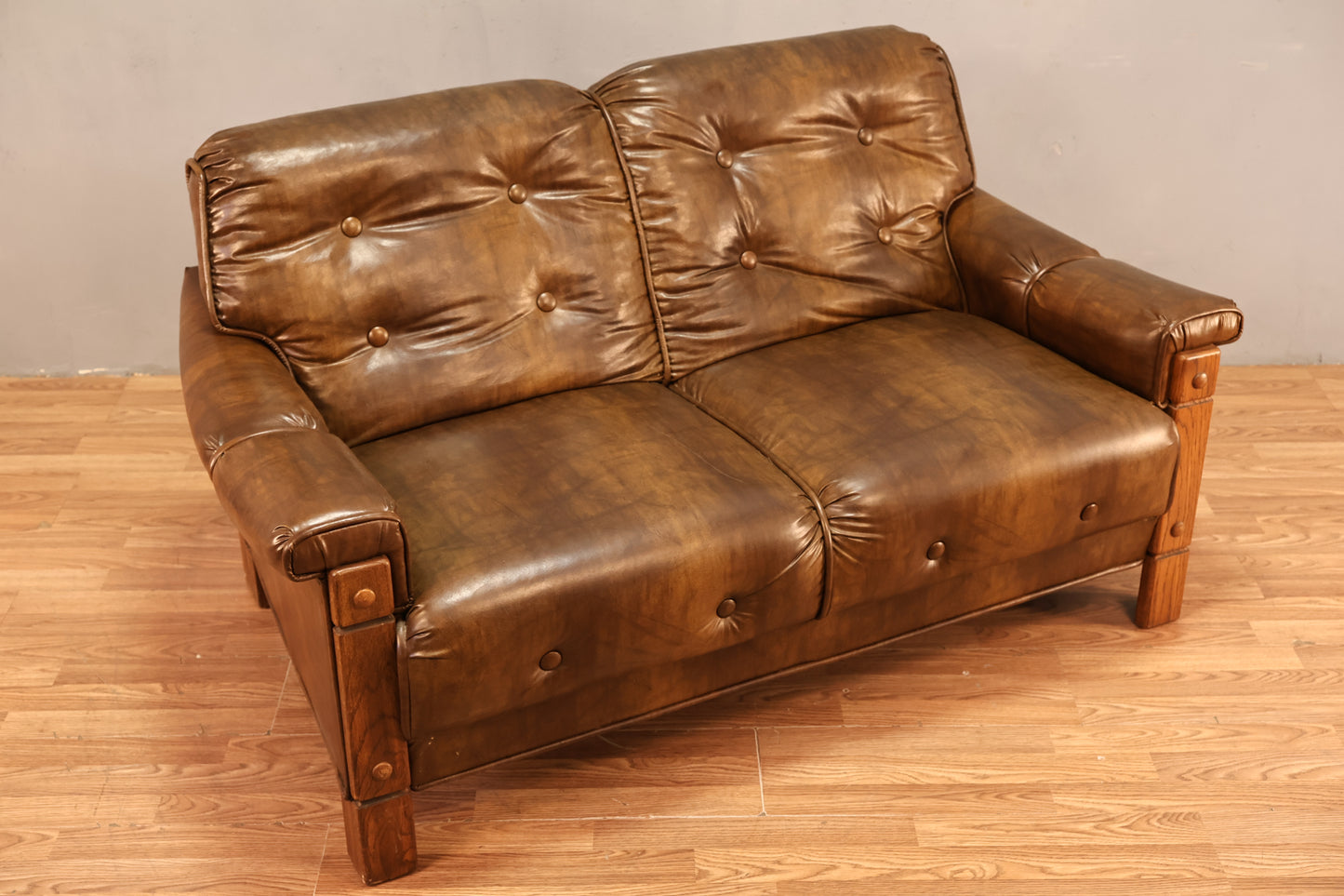 Oak & Brown Vinyl Loveseat - ONLINE ONLY