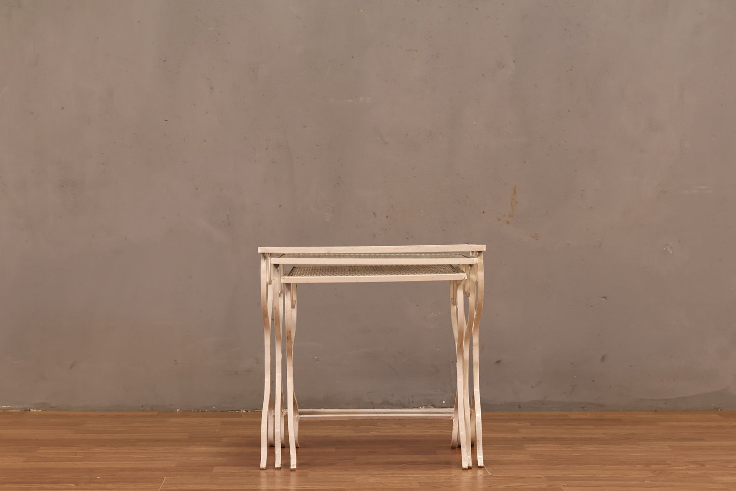 Trio of White Lattice Iron Nesting Tables - ONLINE ONLY