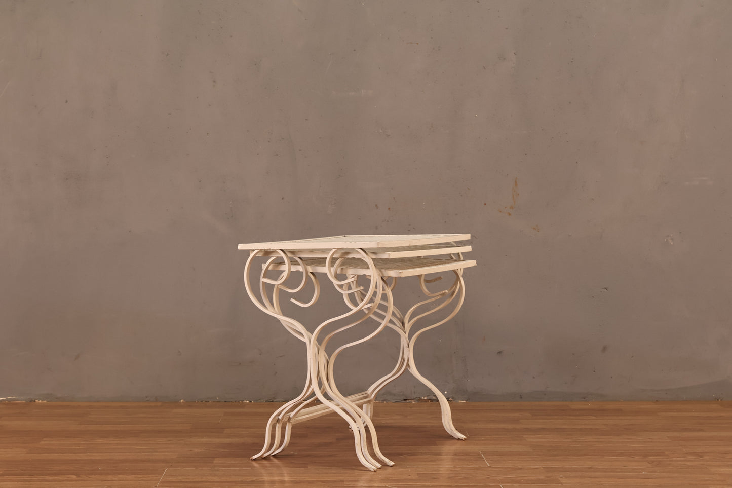 Trio of White Lattice Iron Nesting Tables - ONLINE ONLY