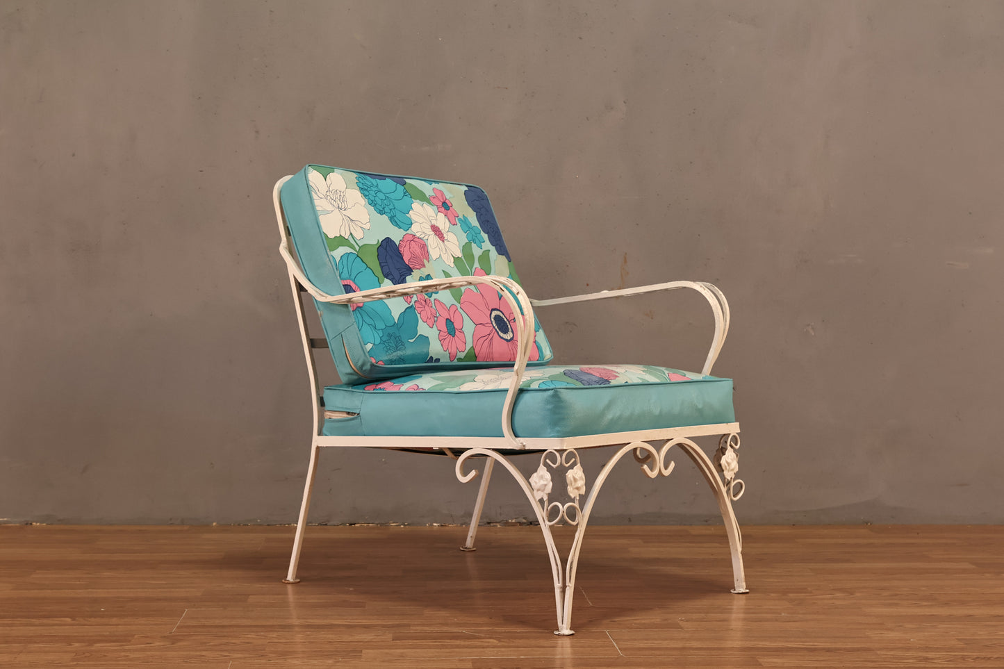 White Iron & Aqua Floral Lounge Chair - ONLINE ONLY