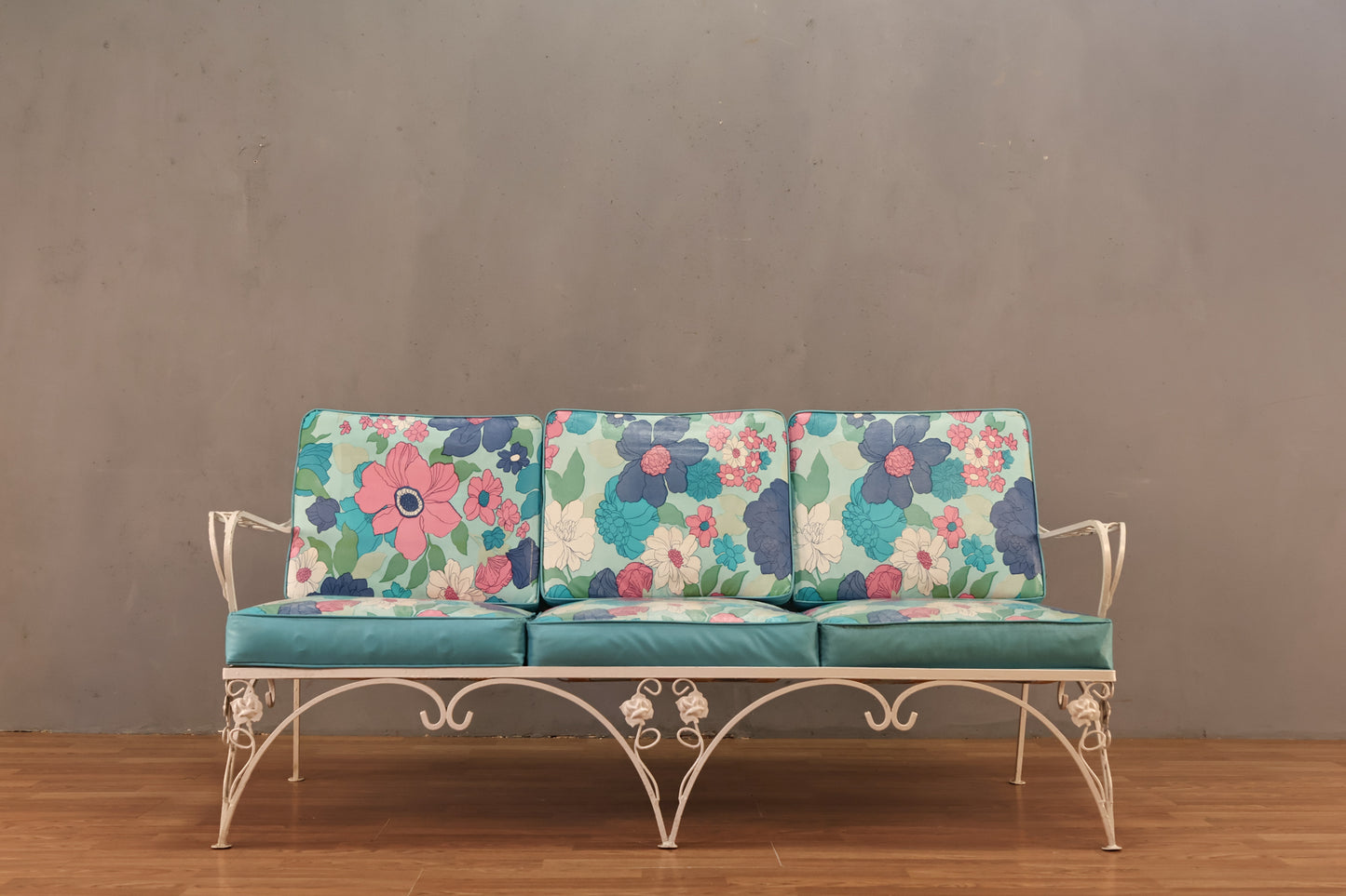 White Iron & Aqua Floral Sofa - ONLINE ONLY