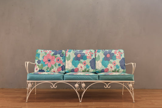 White Iron & Aqua Floral Sofa - ONLINE ONLY
