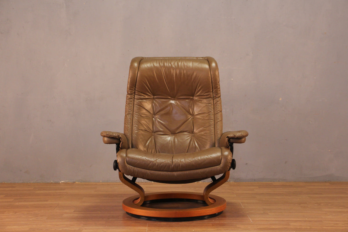 Ekornes "Stressless" Brown Leather Recliner & Ottoman
