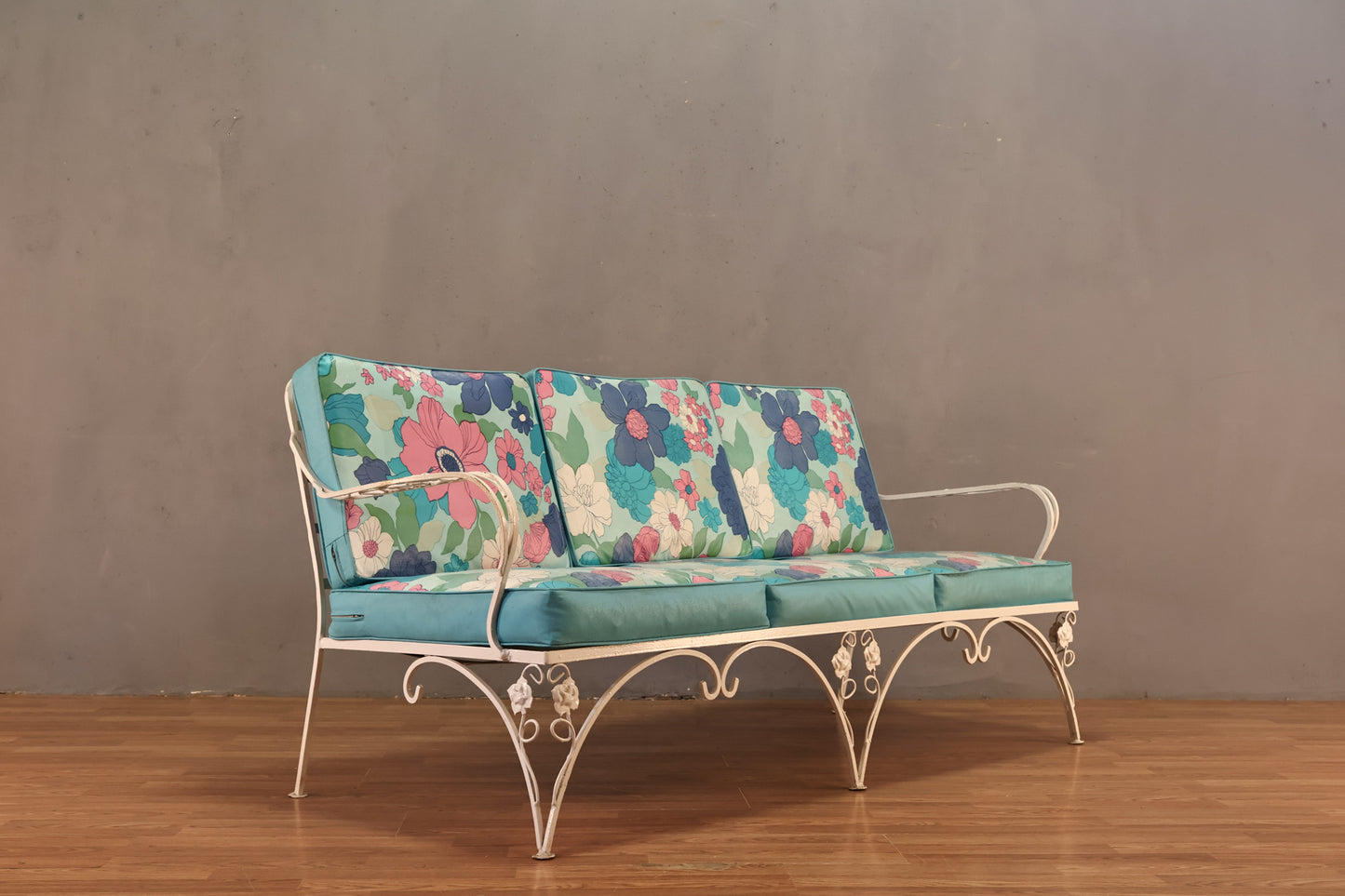 White Iron & Aqua Floral Sofa - ONLINE ONLY