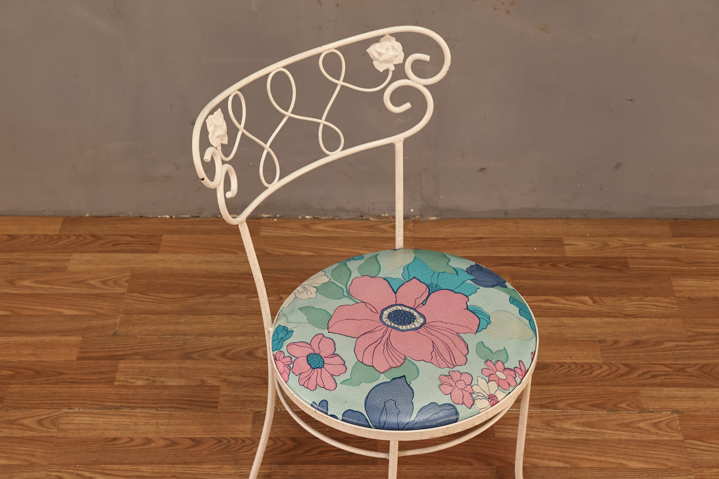 White Iron & Aqua Floral Side Chair - ONLINE ONLY