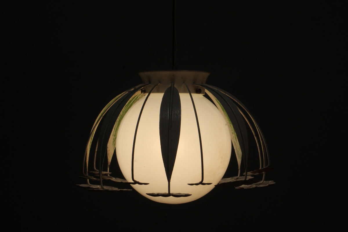 Mid Century White Floral Tole Swag Lamp