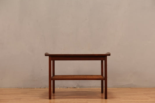 Mid Century Walnut & Woven 2-Tier End Table