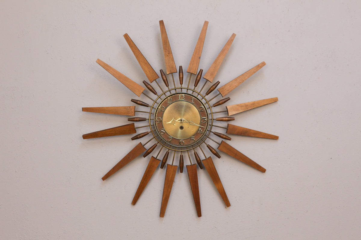 Mid Century Walnut & Brass Starburst Wall Clock