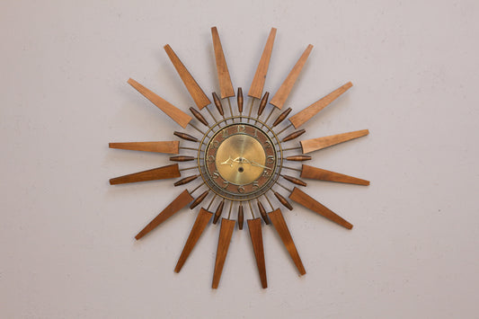 Mid Century Walnut & Brass Starburst Wall Clock