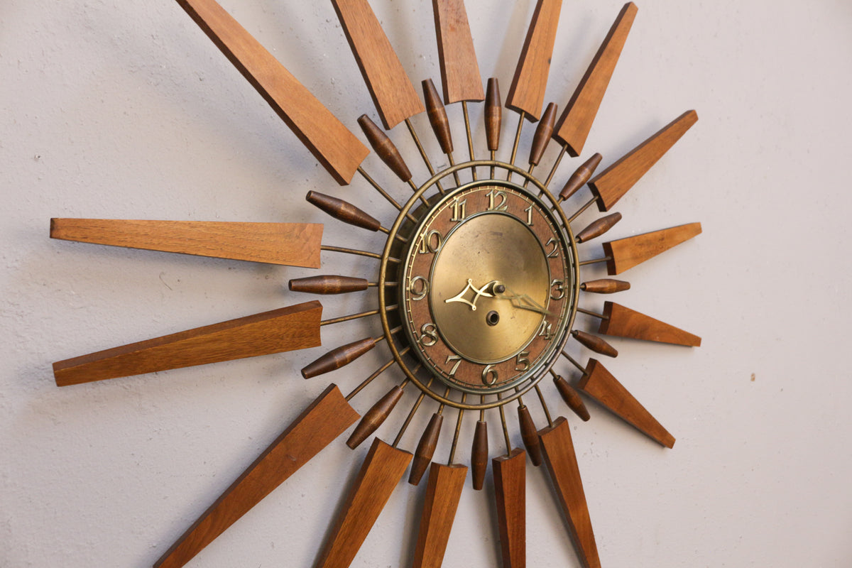 Mid Century Walnut & Brass Starburst Wall Clock