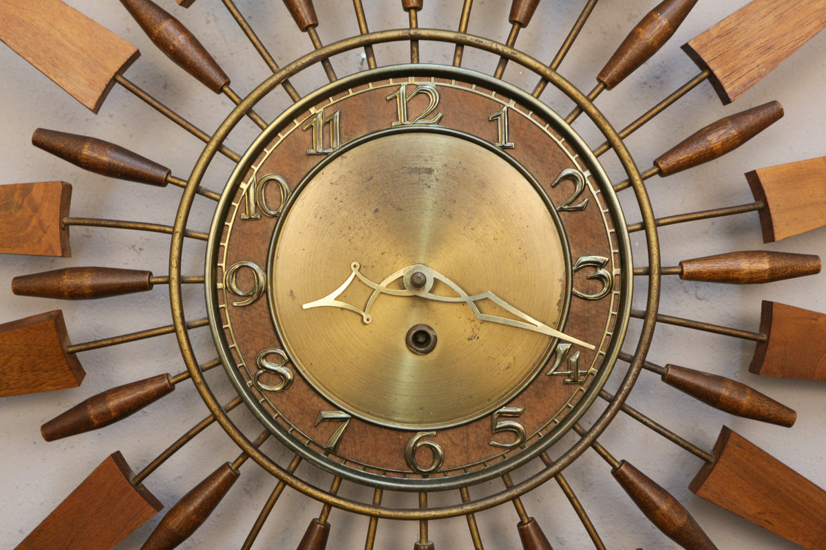 Mid Century Walnut & Brass Starburst Wall Clock