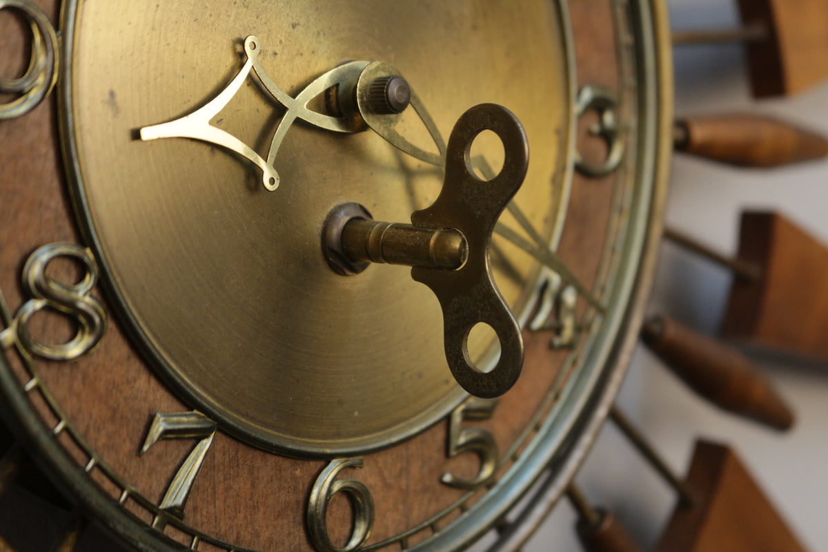 Mid Century Walnut & Brass Starburst Wall Clock