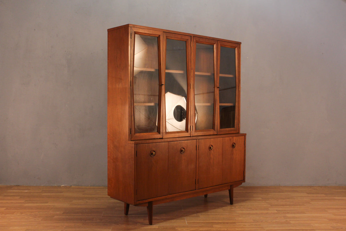 Mid Century Walnut & Glass-Front Wall Unit