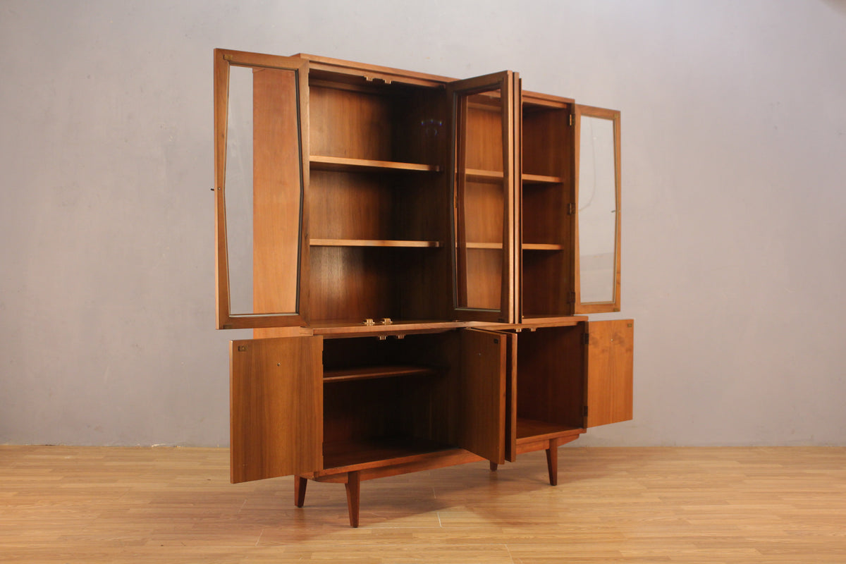 Mid Century Walnut & Glass-Front Wall Unit