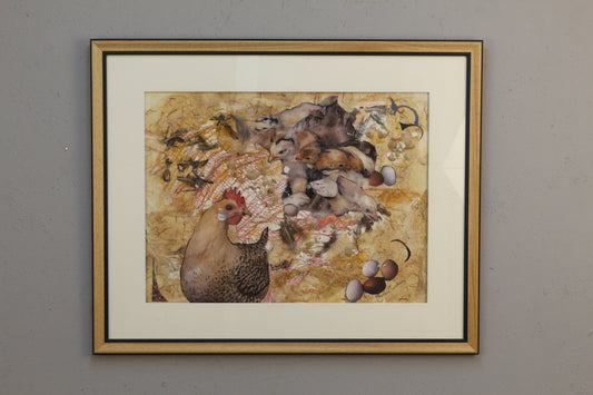 "Hen & Hatchlings" Mixed Media Print
