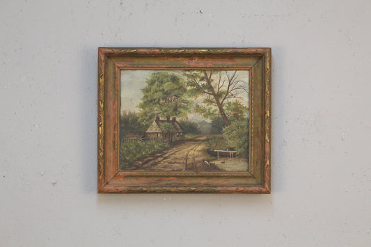Small Antique "Railroad Cottage" Oil Painting