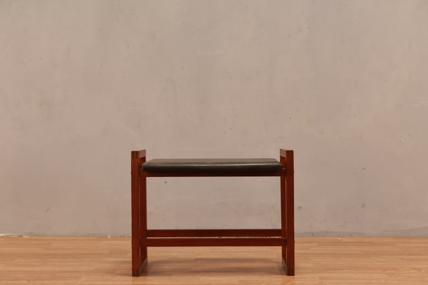 Teak & Black Leather Ottoman