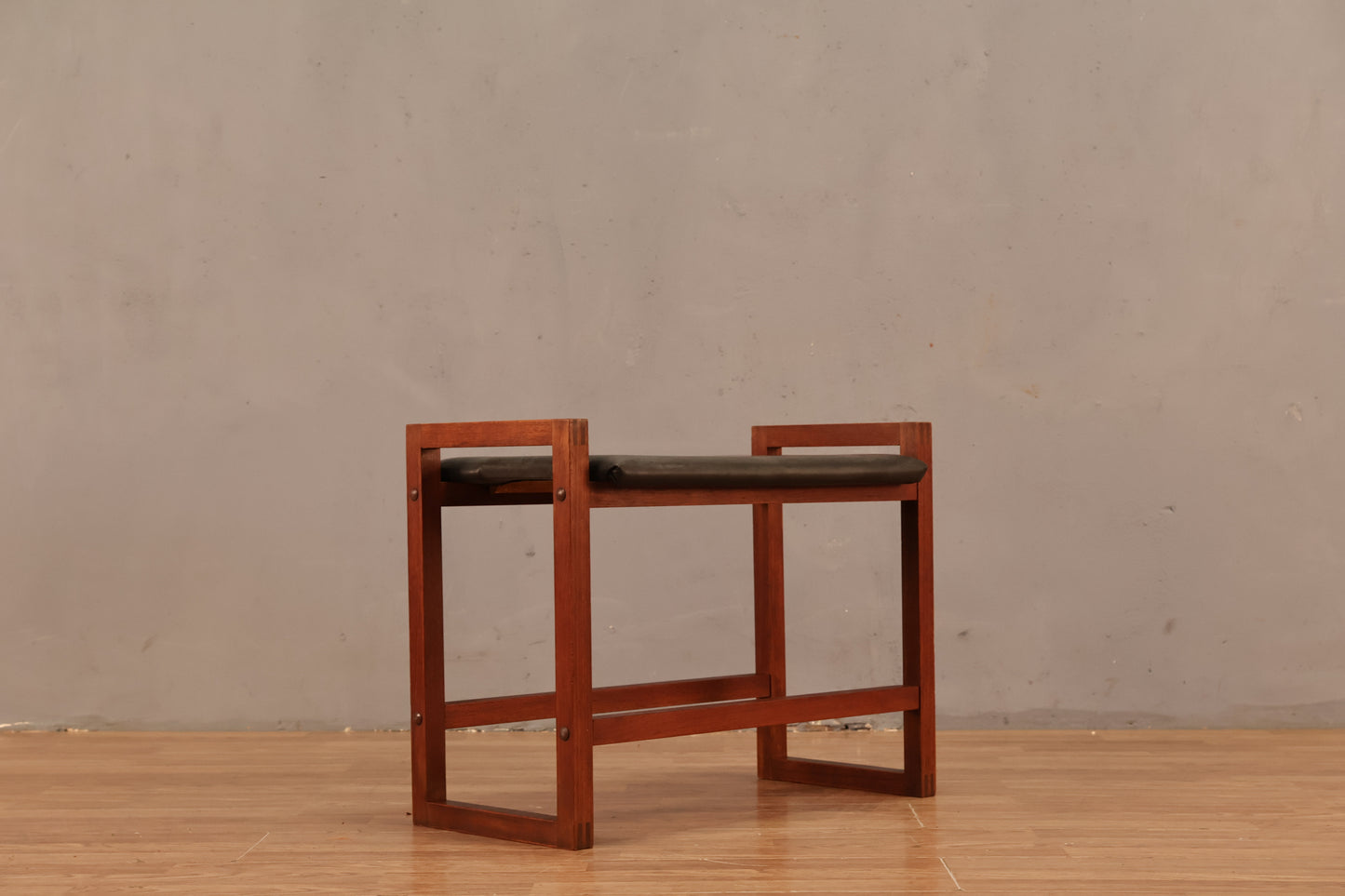 Teak & Black Leather Ottoman