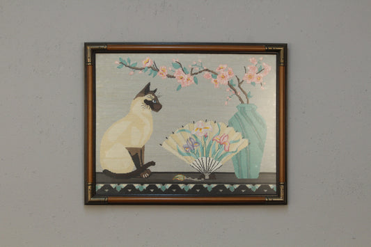 Siamese Cat & Cherry Blossom Needlepoint Art