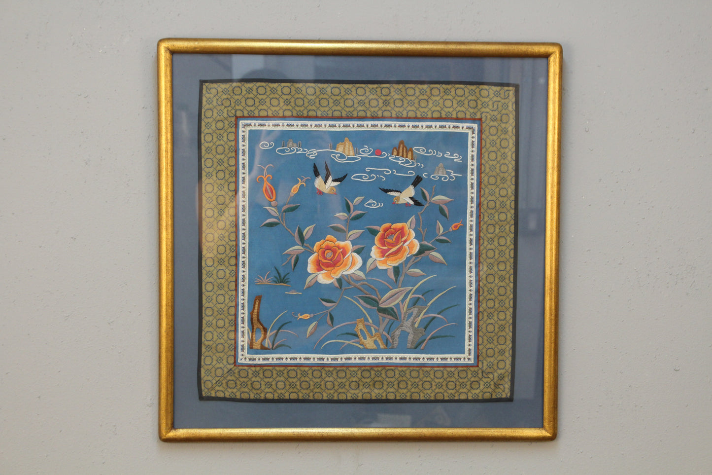 Chinese "Swallows & Roses" Silk Art