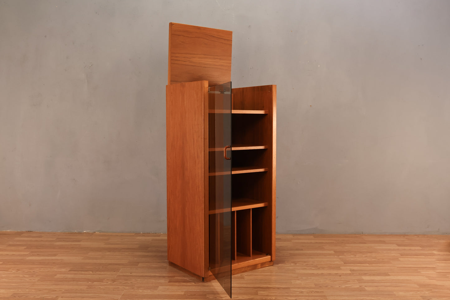 Teak & Smoked Glass Flip-Top Media Cabinet