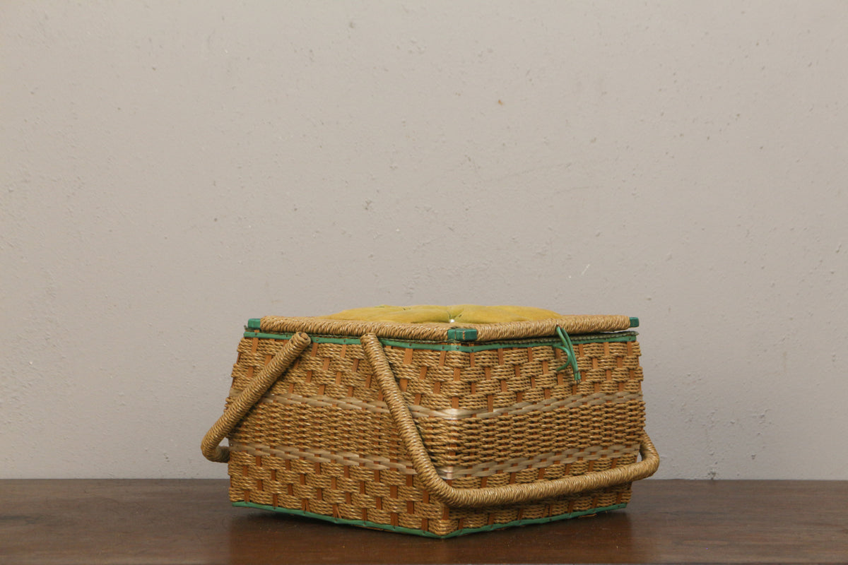 Chartreuse & Woven Sewing Basket