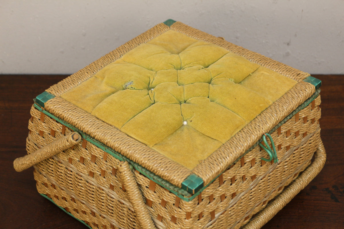 Chartreuse & Woven Sewing Basket
