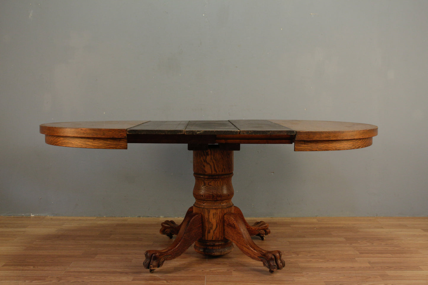 Round Tiger Oak Dining Table With 3 Leaves  - ONLINE ONLY