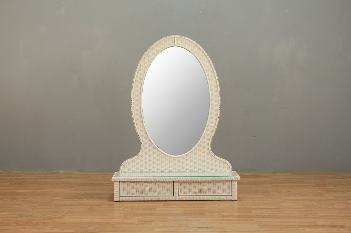 White Wicker & Glass 2-Drawer Vanity Mirror