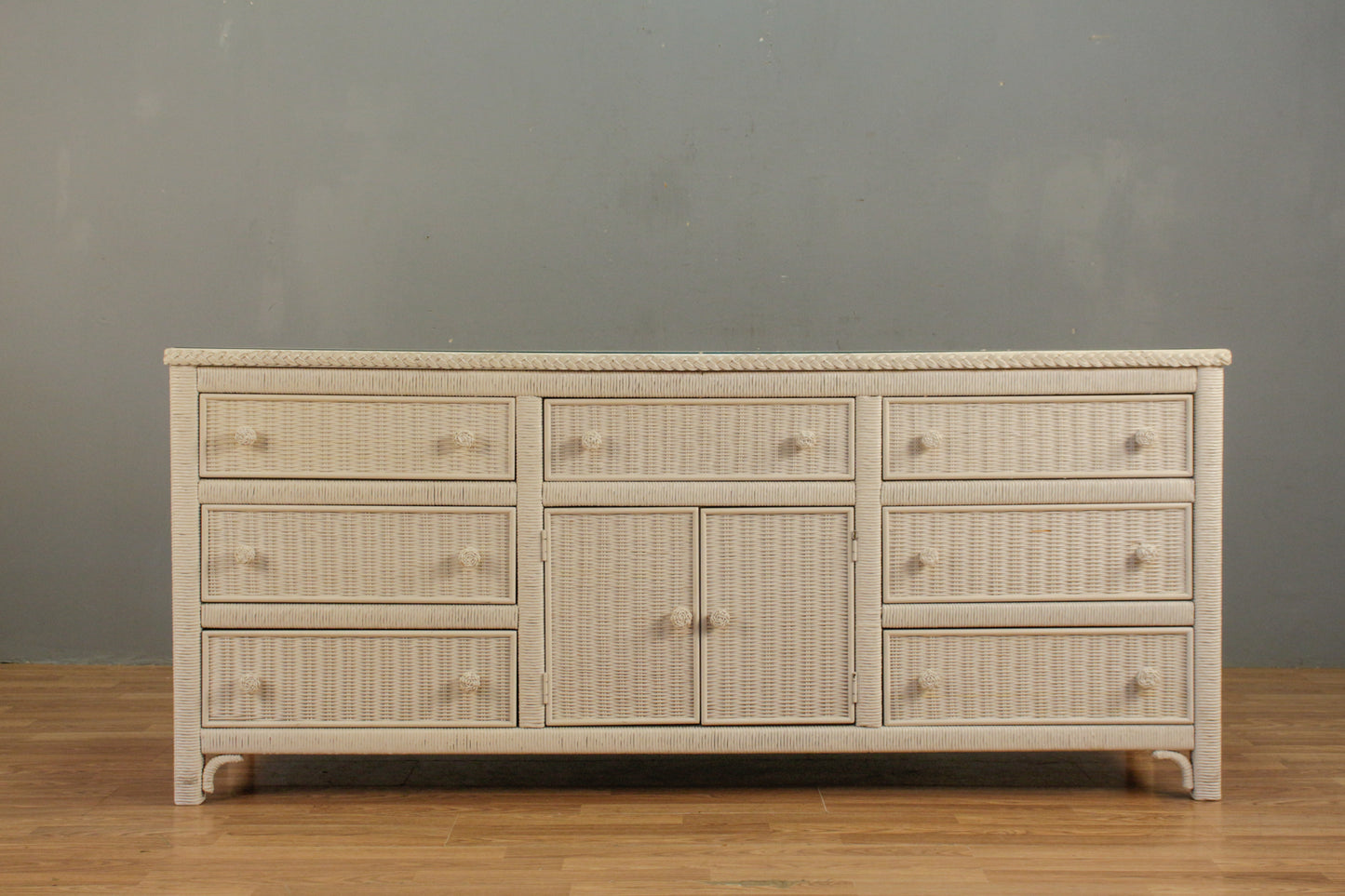 White Wicker & Glass 9-Drawer Credenza