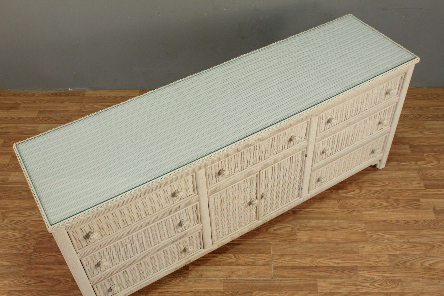 White Wicker & Glass 9-Drawer Credenza
